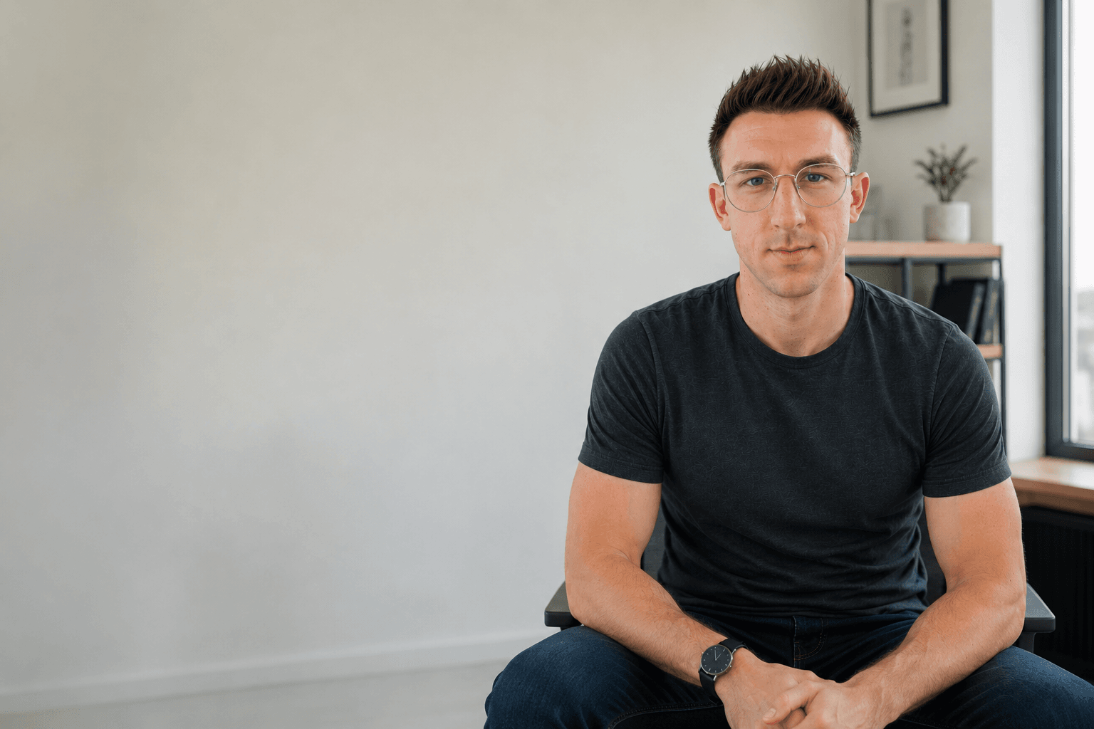 Florian Mik, Gründer von Mikboost, sitzt in einem ruhigen, hellen Raum und blickt direkt in die Kamera.